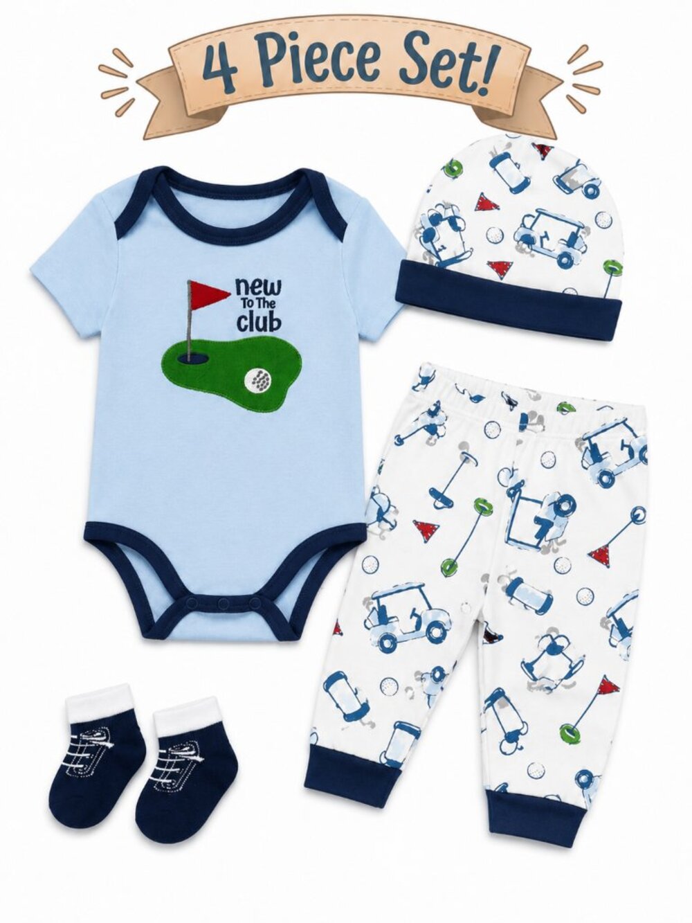NWT Baby Essentials Baby Boy 4 Piece Golf Outfit Set 6M Baby Shower Gift